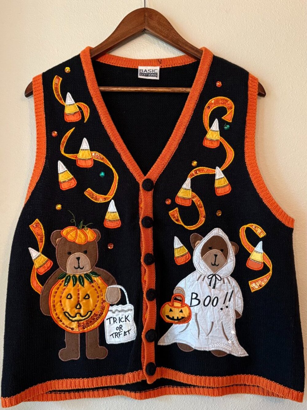 Vintage 90s Basic Editions Black Sweater Vest Embroidered Halloween Teddy Bears